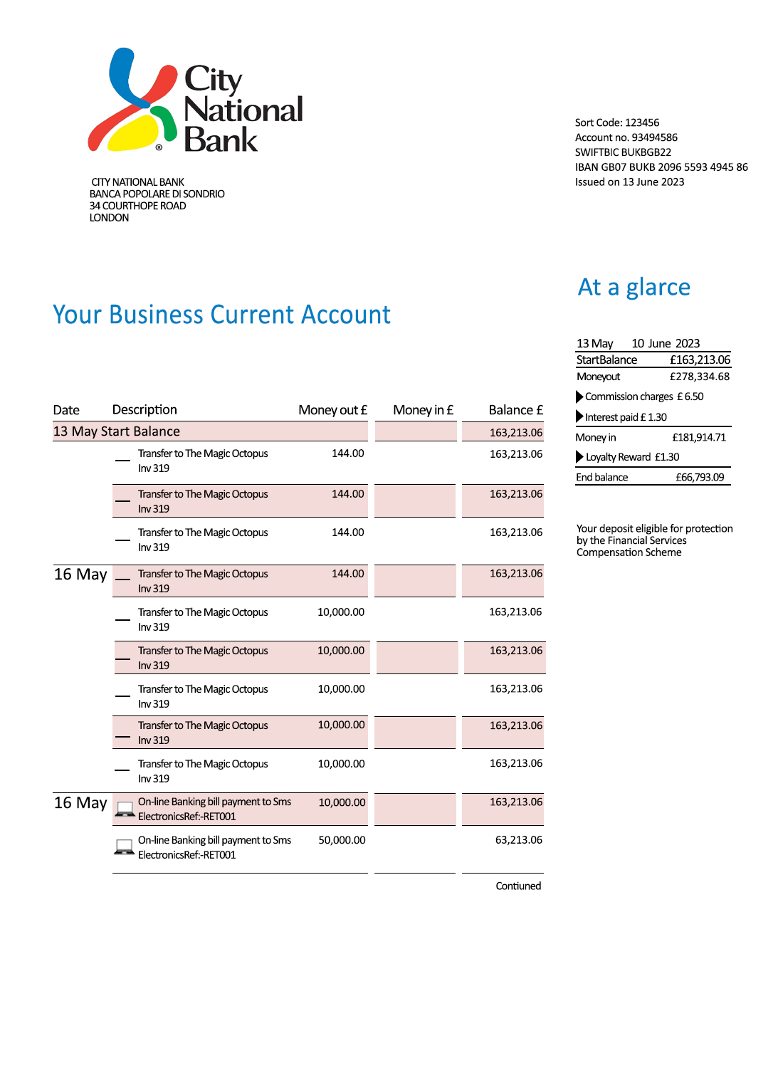 Fake City National Bank of Florida Statement