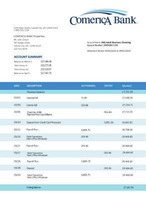 Fake Comerica Business Bank Statement