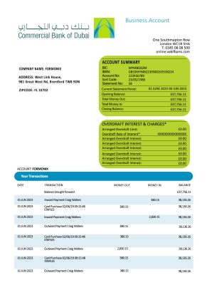 Fake Commercial Bank of Dubai Business Bank Statement