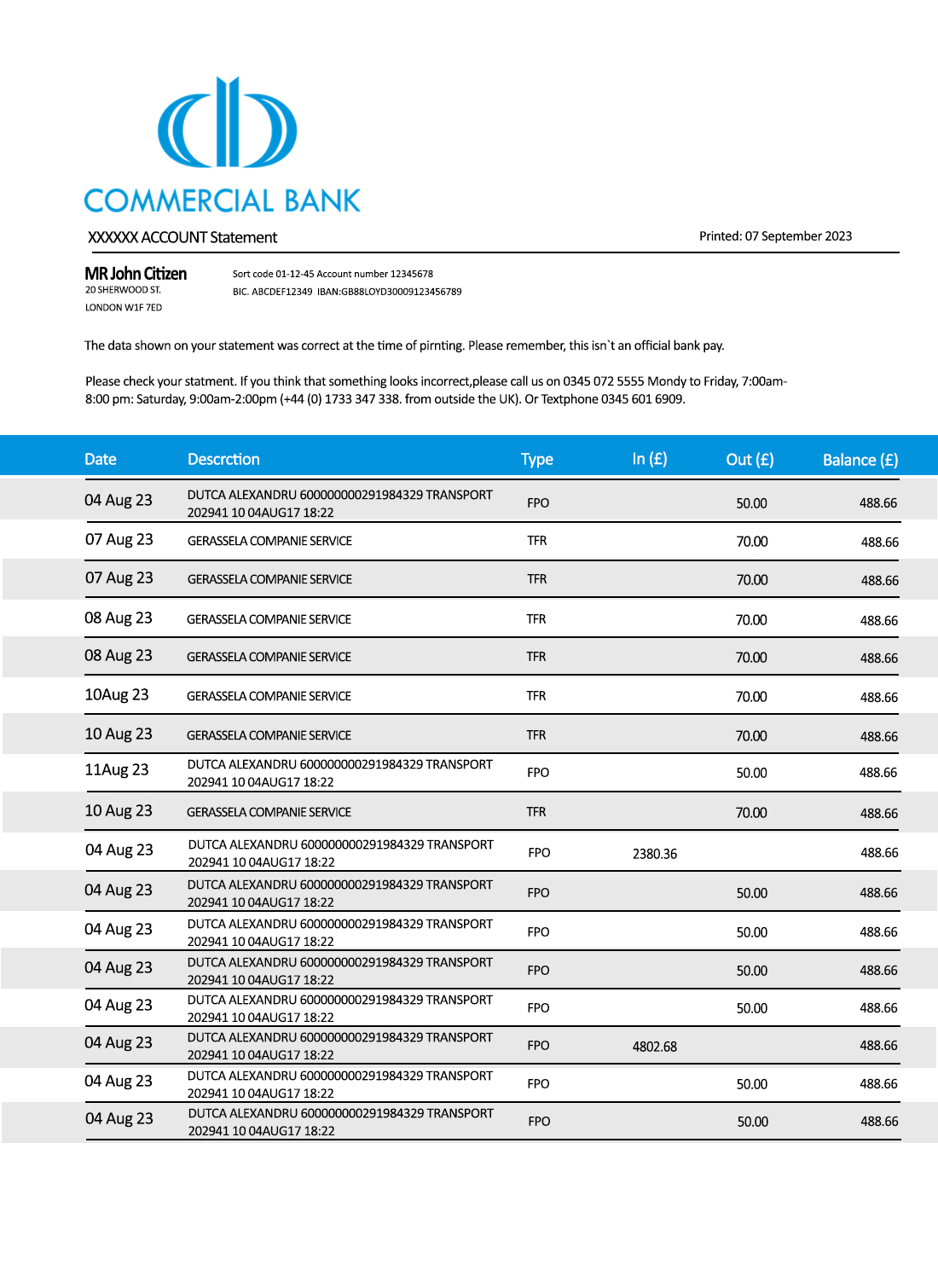 Fake Commercial Business Bank Statement