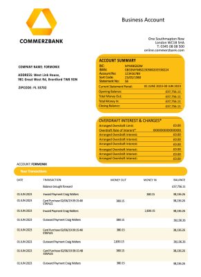 Fake Commerzbank company Business Bank Statement