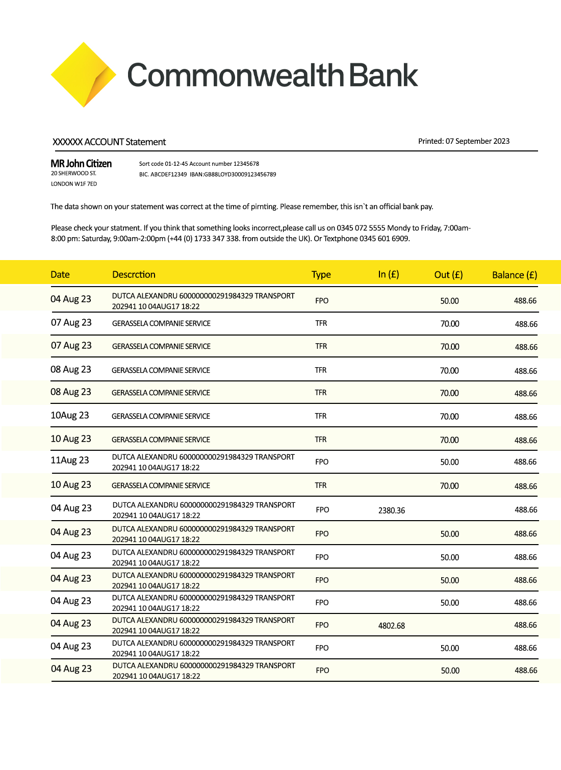 Fake Commonwealth Business Bank Statement
