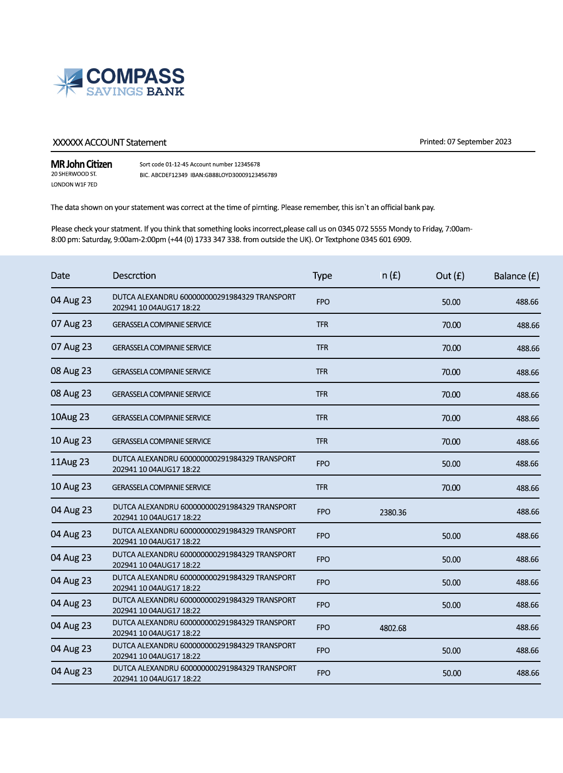Fake Compass Business Bank Statement
