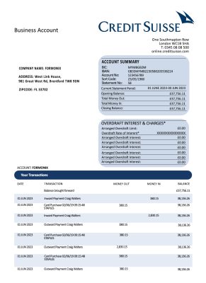 Fake Credit Suisse Business Bank Statement