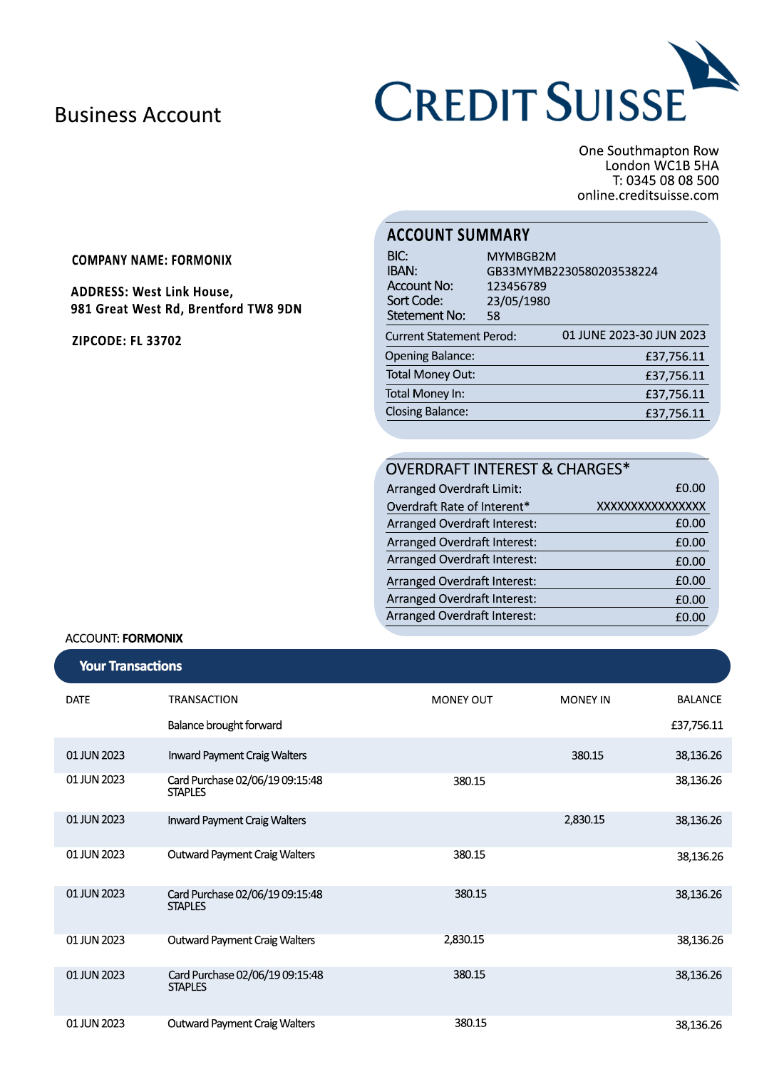 Fake Credit Suisse Business Bank Statement