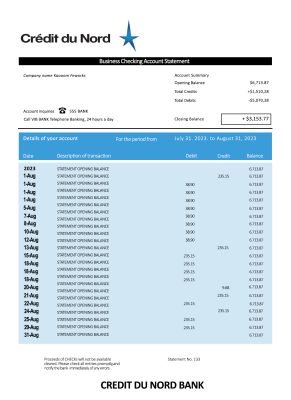 Fake Credit du Nord enterprise Business Bank Statement