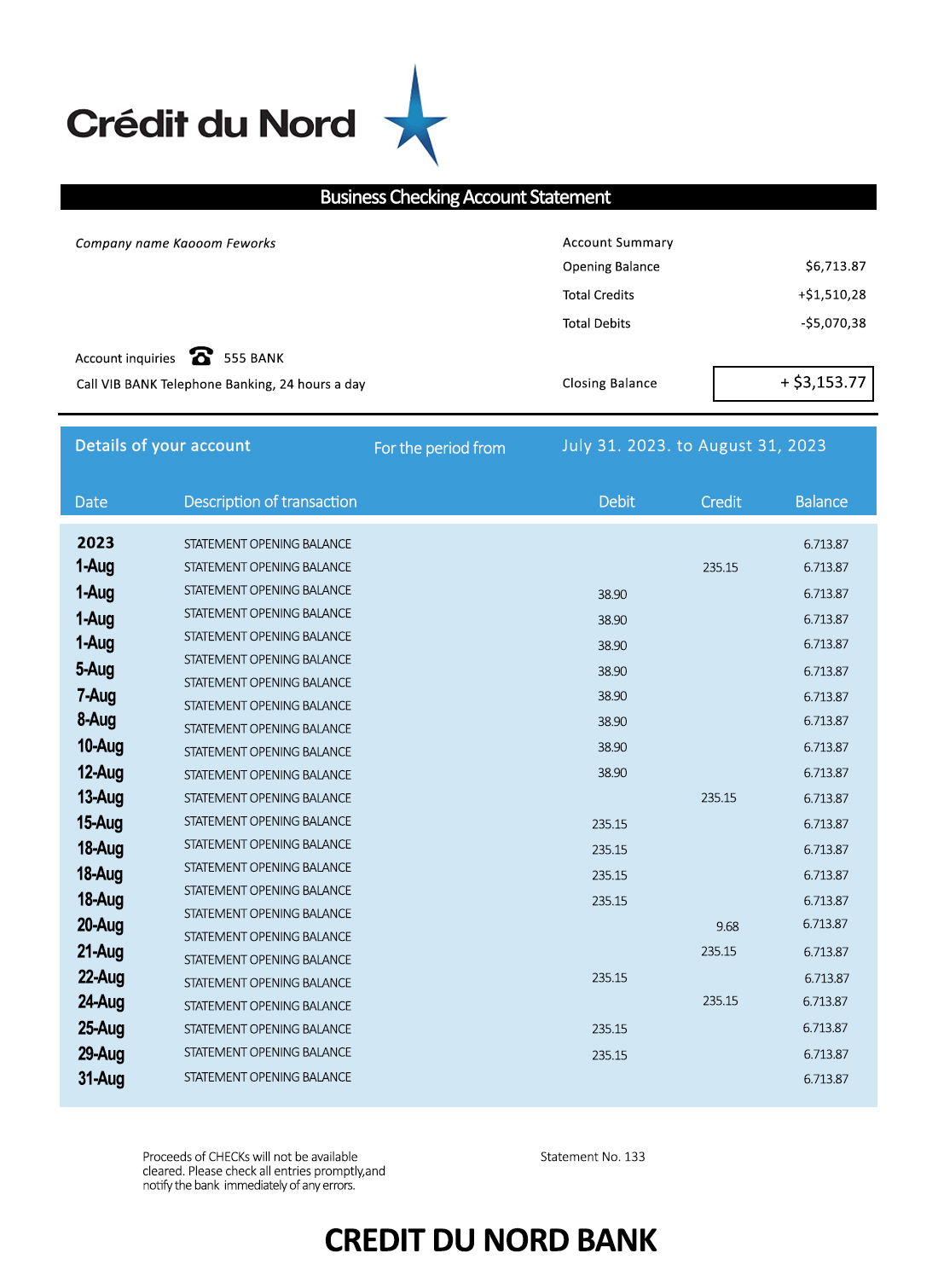 Fake Credit du Nord enterprise Business Bank Statement