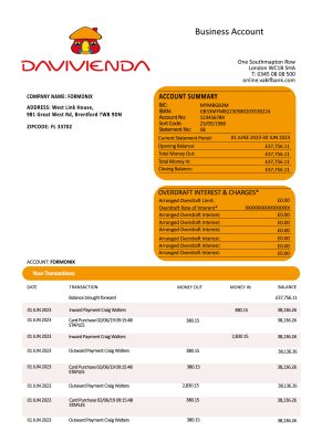 Fake DAVIVIENDA Business Bank Statement