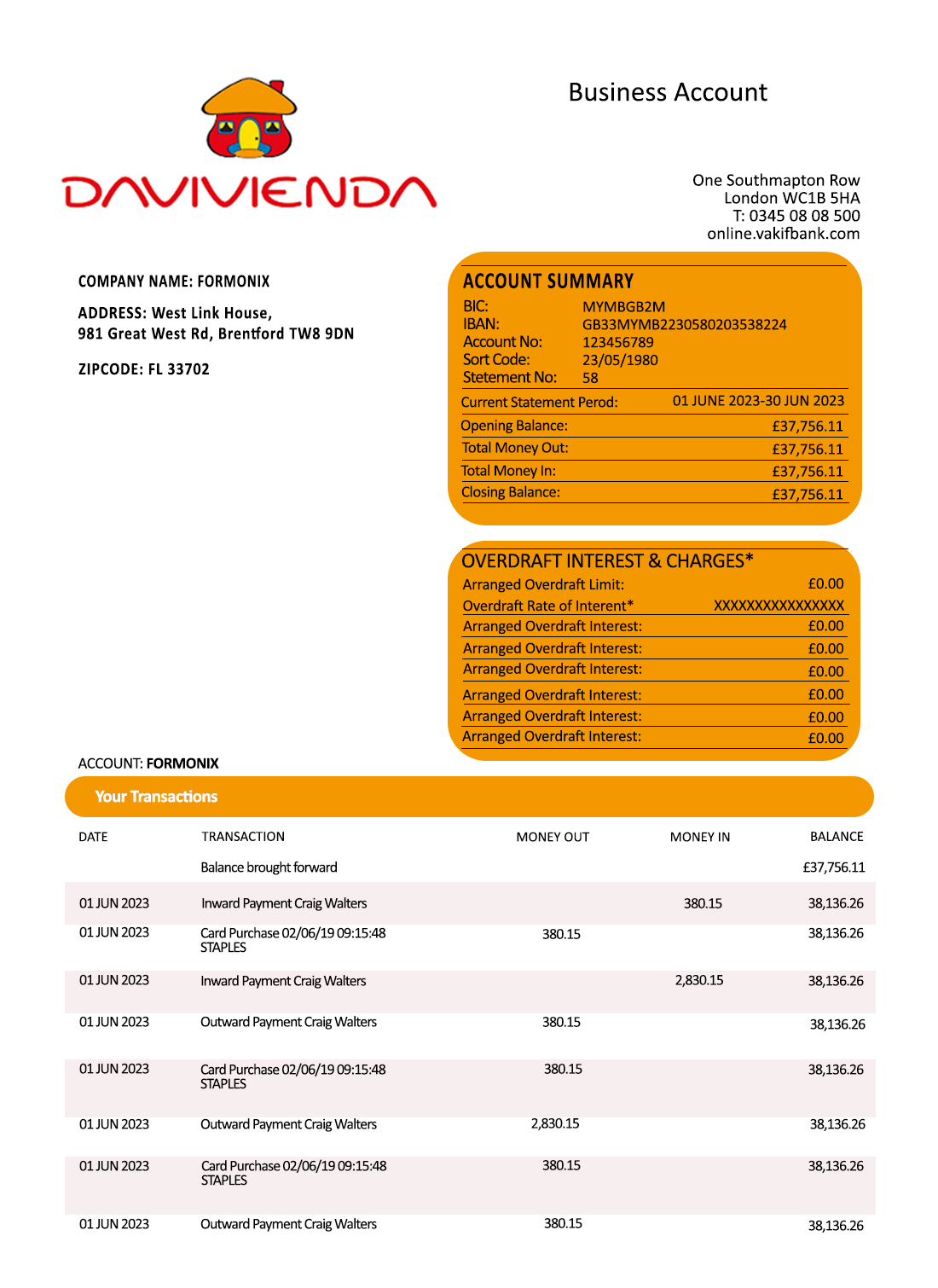 Fake DAVIVIENDA Business Bank Statement