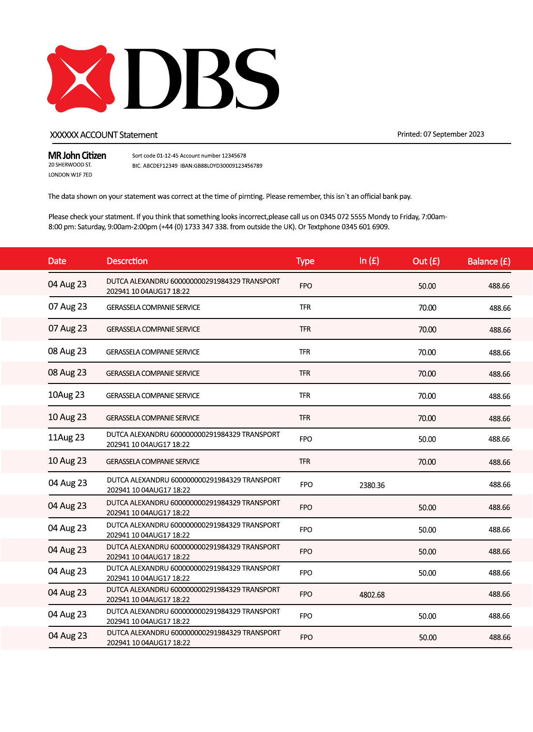 Fake DBS Business Bank Statement