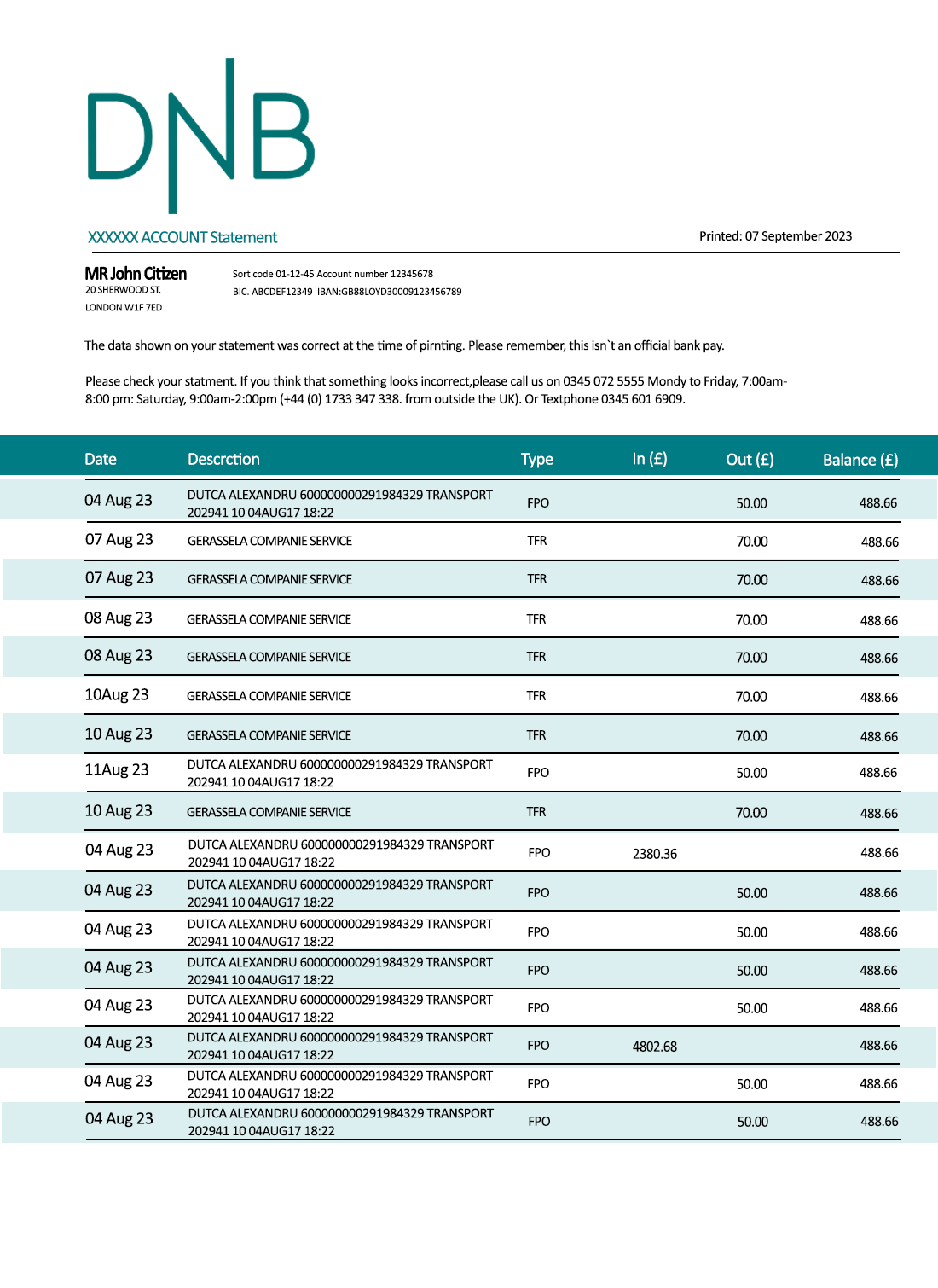 Fake DNB Business Bank Statement