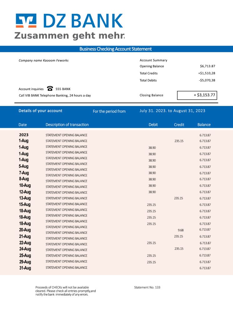 Fake DZ Bank organization Business Statement