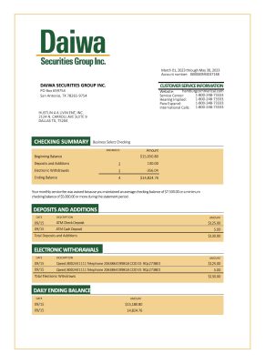 Fake Daiwa Securities Group Business Bank Statement