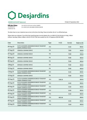 Fake Desjardins Business Bank Statement