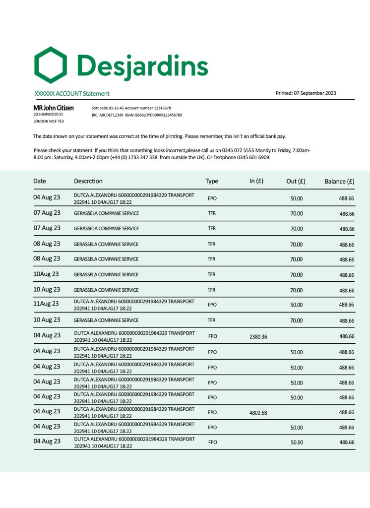Fake Desjardins Business Bank Statement