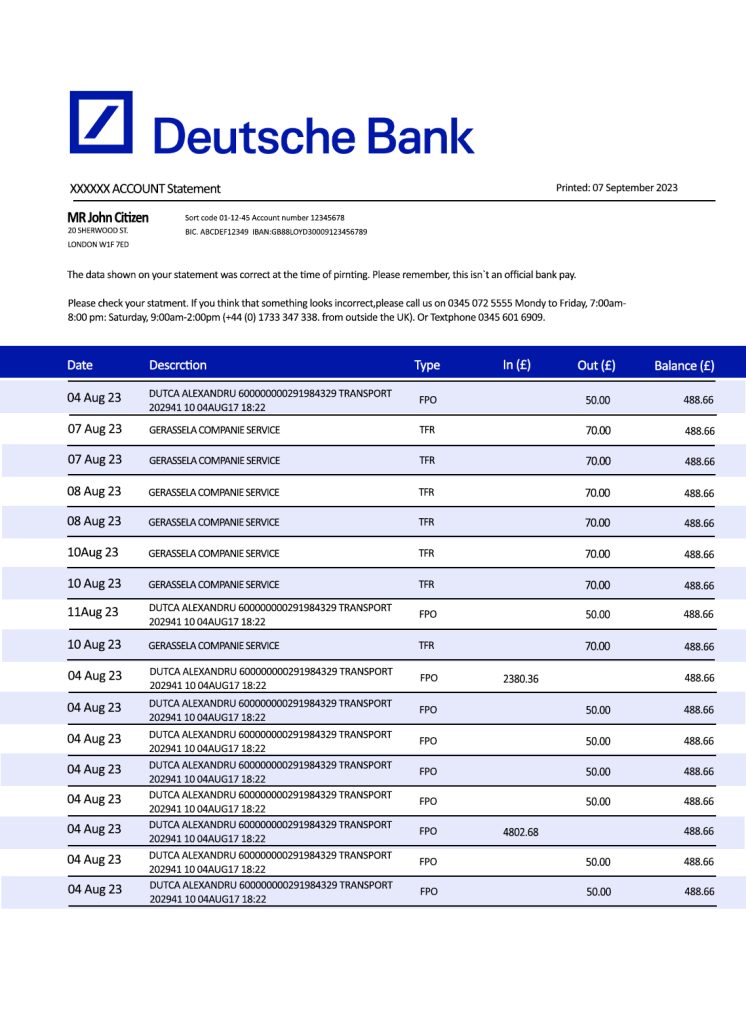 Fake Deutsche Business Bank Statement