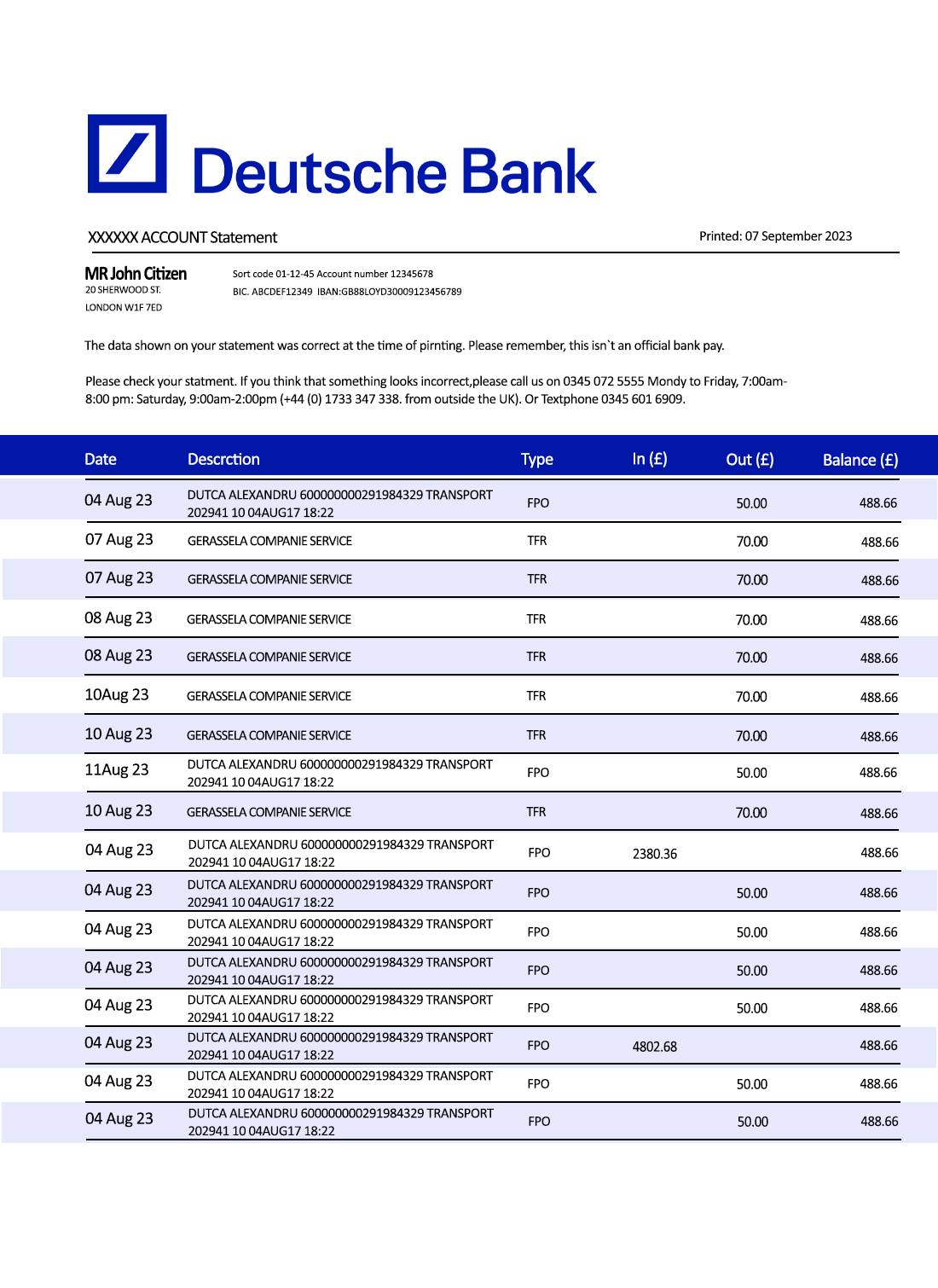 Fake Deutsche Business Bank Statement