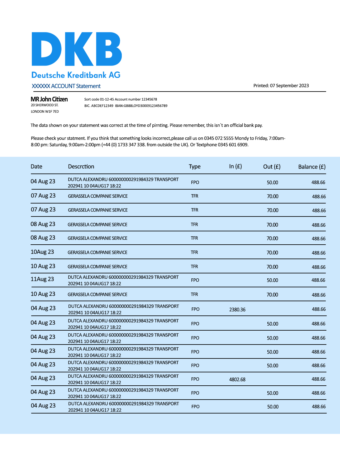 Fake Deutsche Kreditbank organization Business Bank Statement