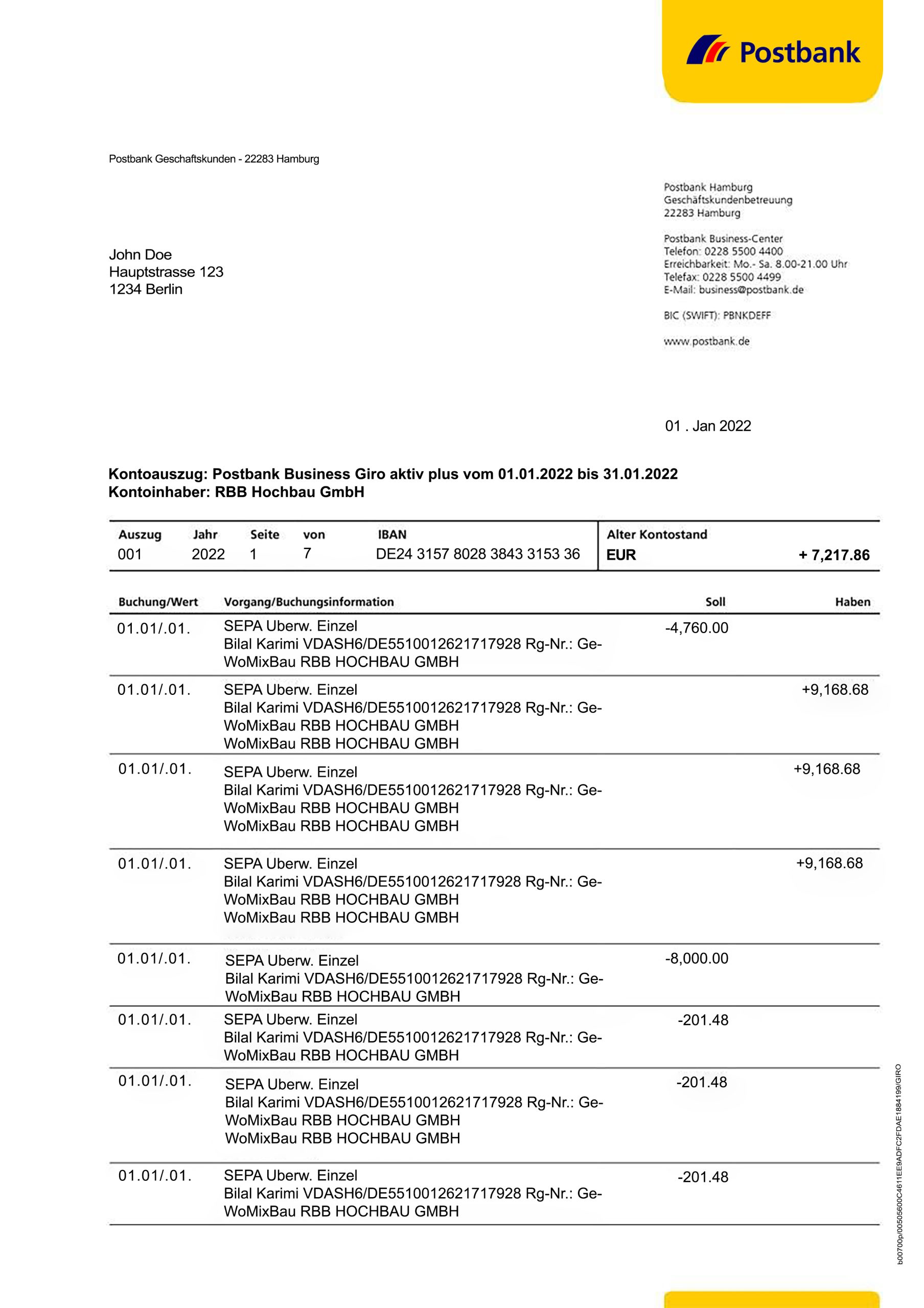 Fake Deutsche Postbank corporate Business Bank Statement