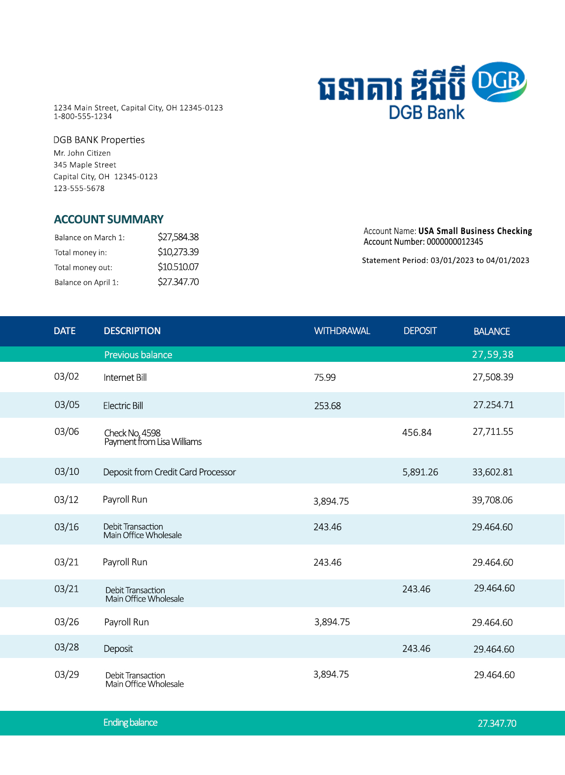 Fake Dgb Financial Group Business Bank Statement