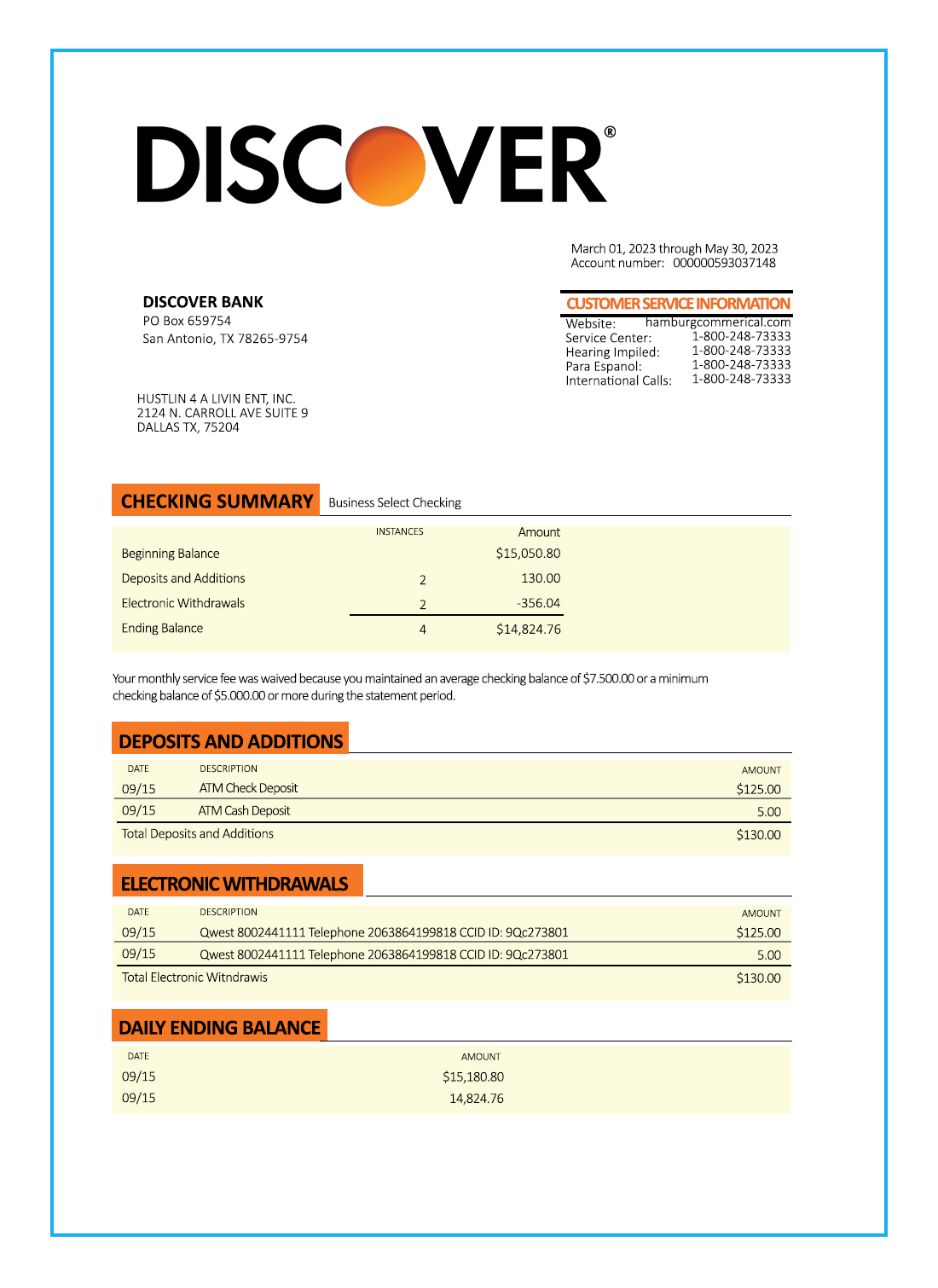 Fake Discover Business Bank Statement