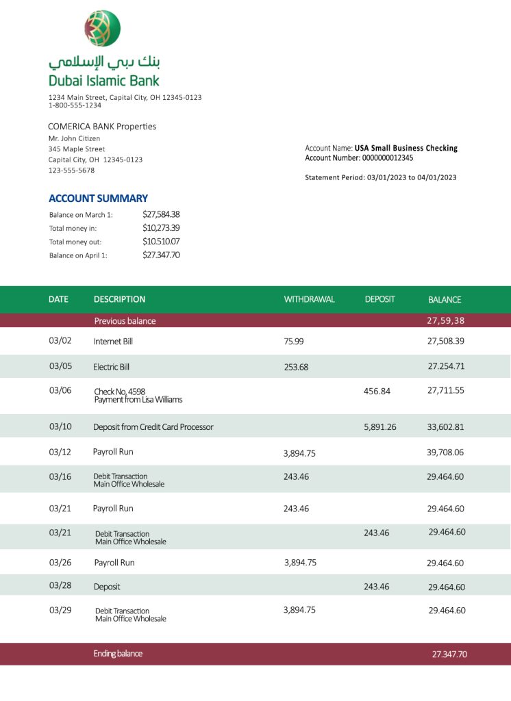 Fake Dubai Islamic Business Bank Statement