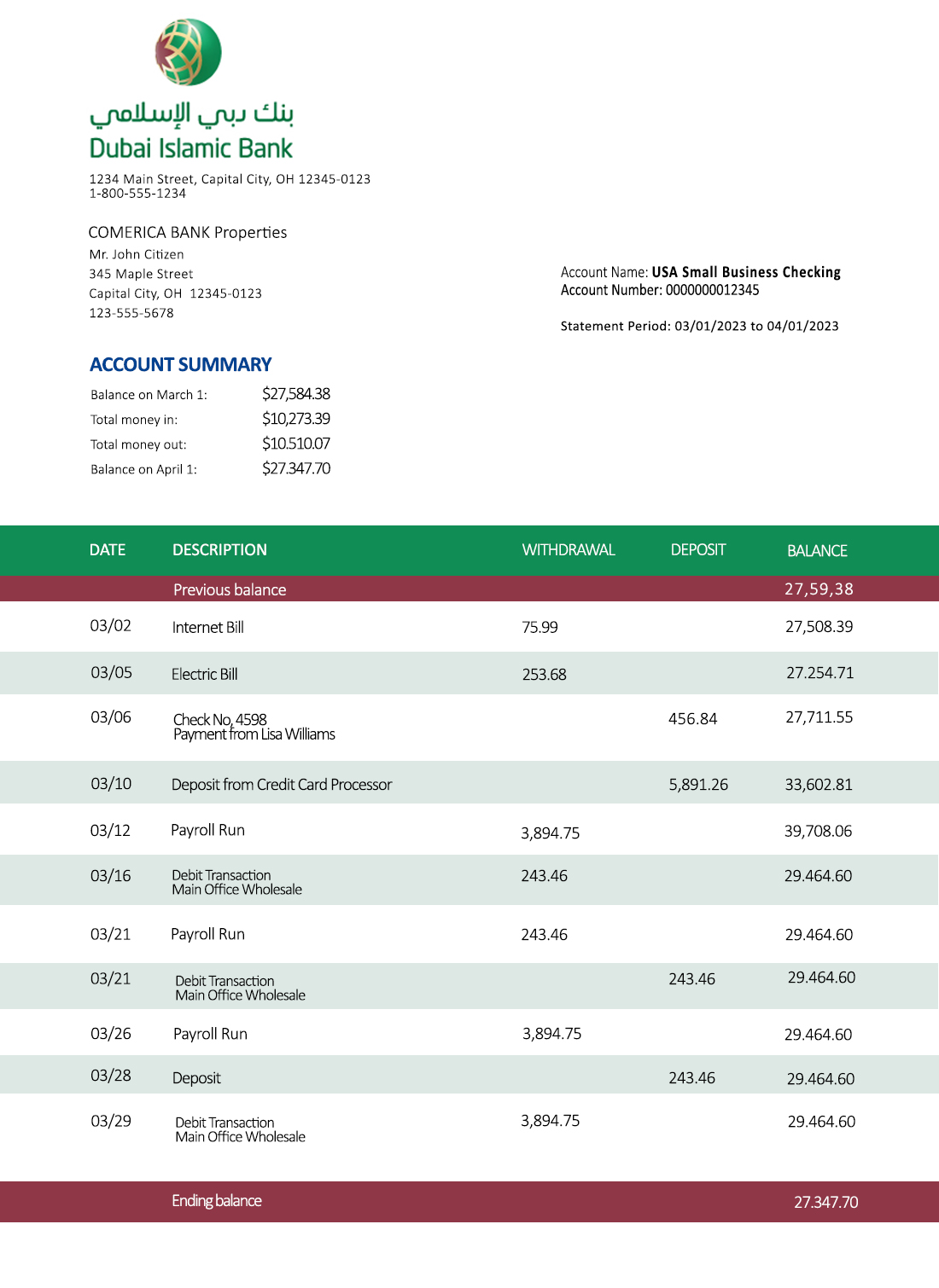 Fake Dubai Islamic Business Bank Statement