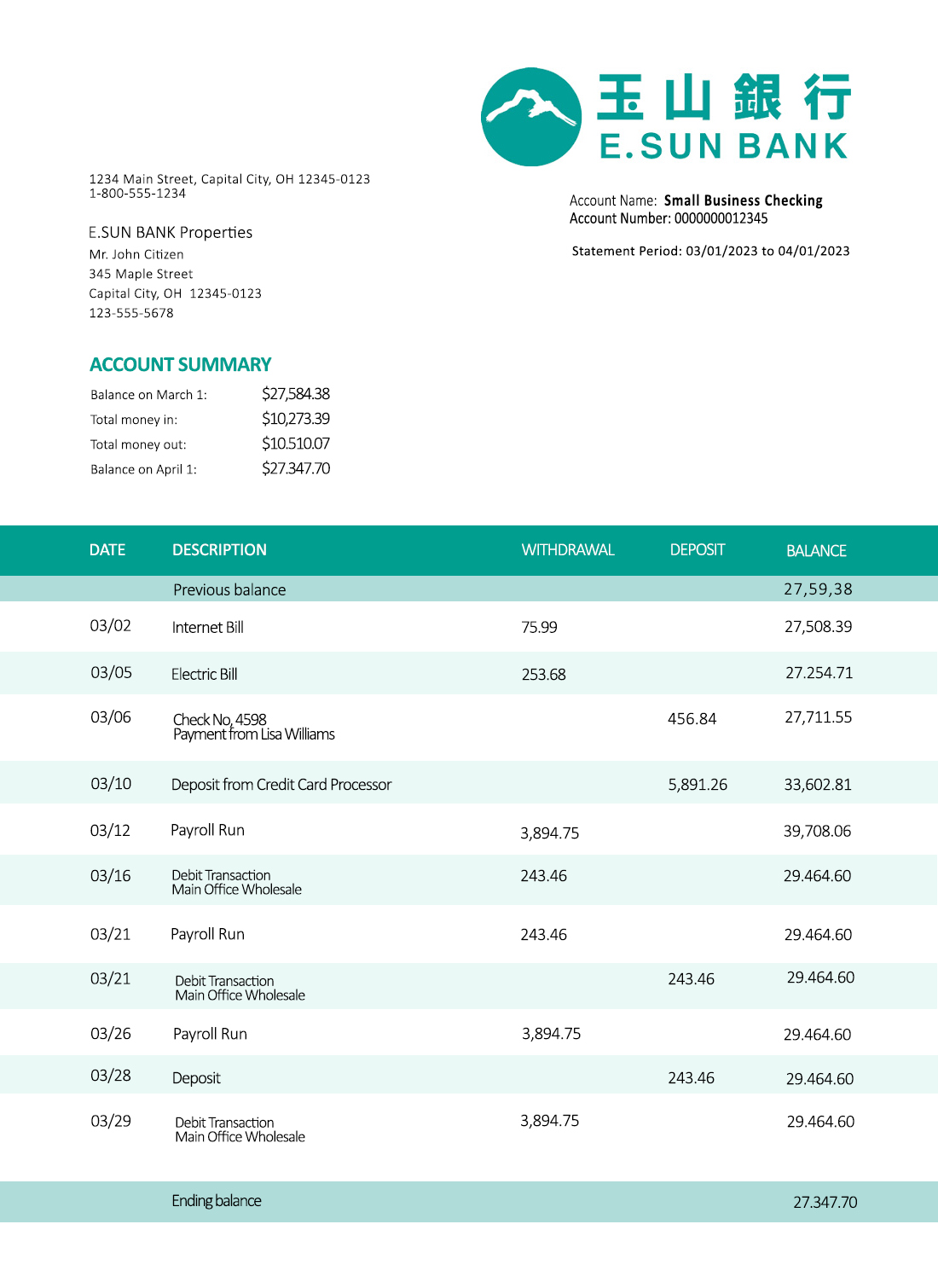 Fake E.SUN Commercial Business Bank Statement