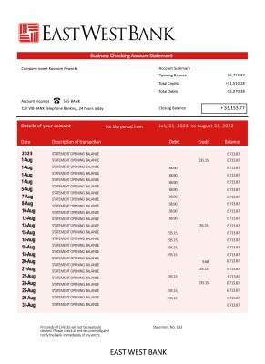 Fake EAST West Business Bank Statement