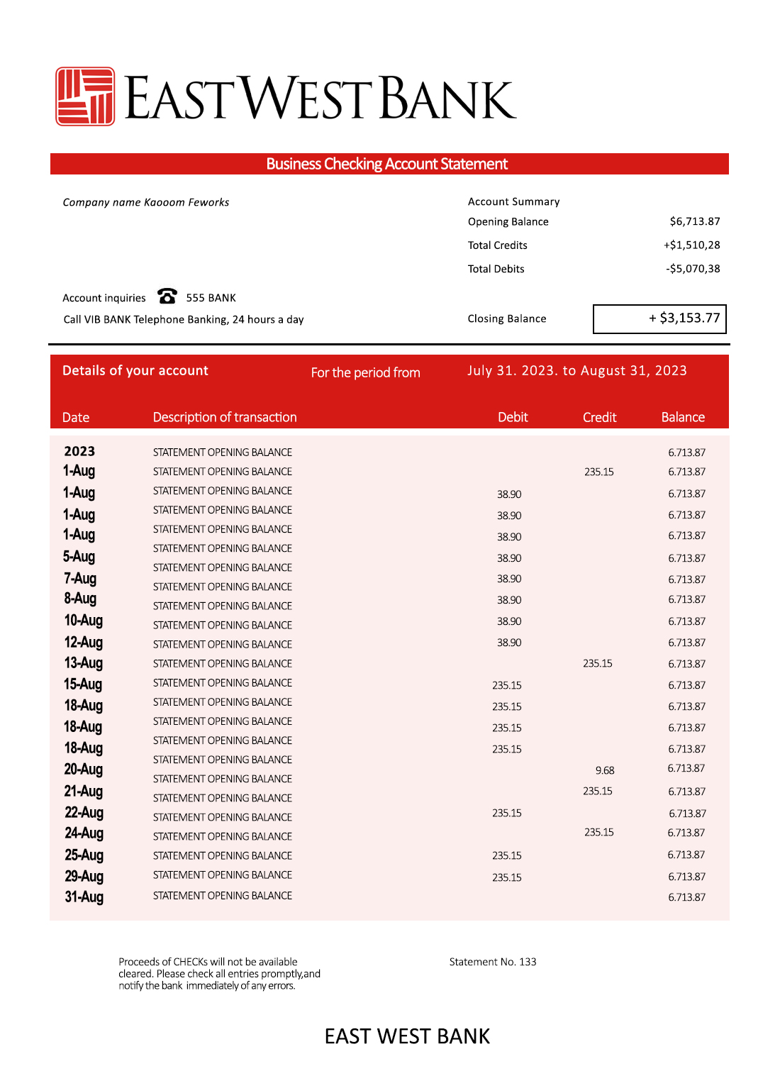 Fake EAST West Business Bank Statement