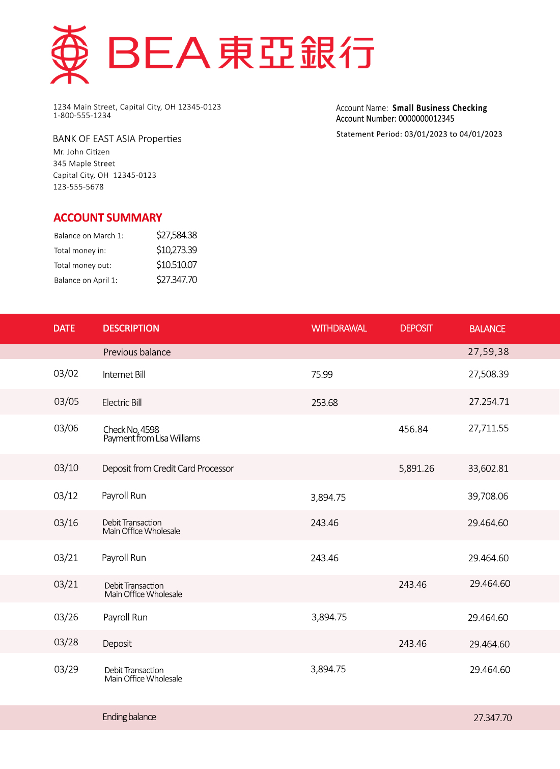 Fake East Asia Business Bank Statement