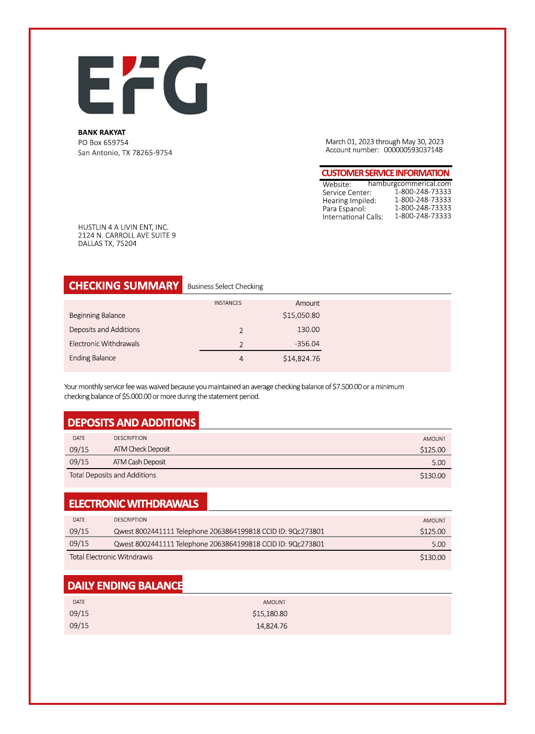 Fake Efg Internatioanl AG Business Bank Statement