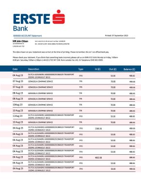Fake Erste Business Bank Statement