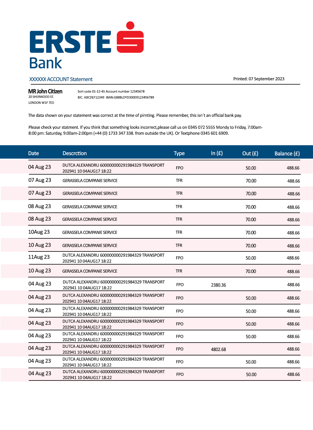 Fake Erste Business Bank Statement