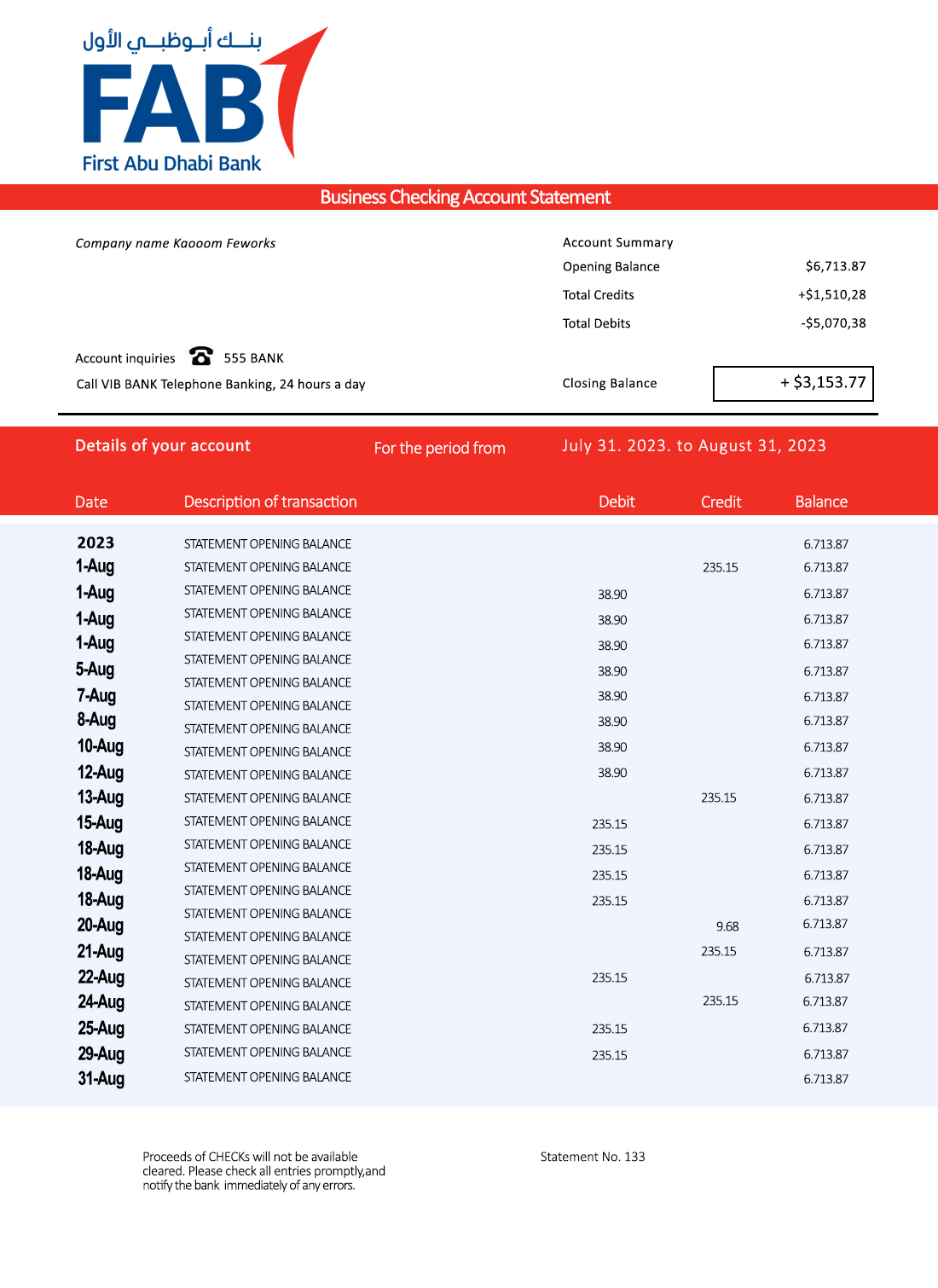 Fake FAB Business Bank Statement