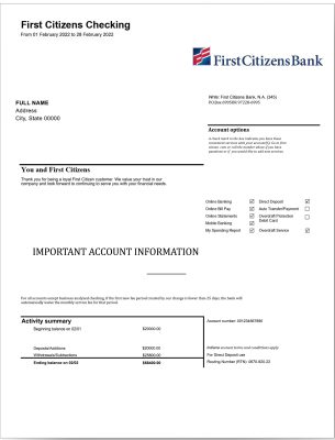 Fake FIRST Citizens Business Bank Statement