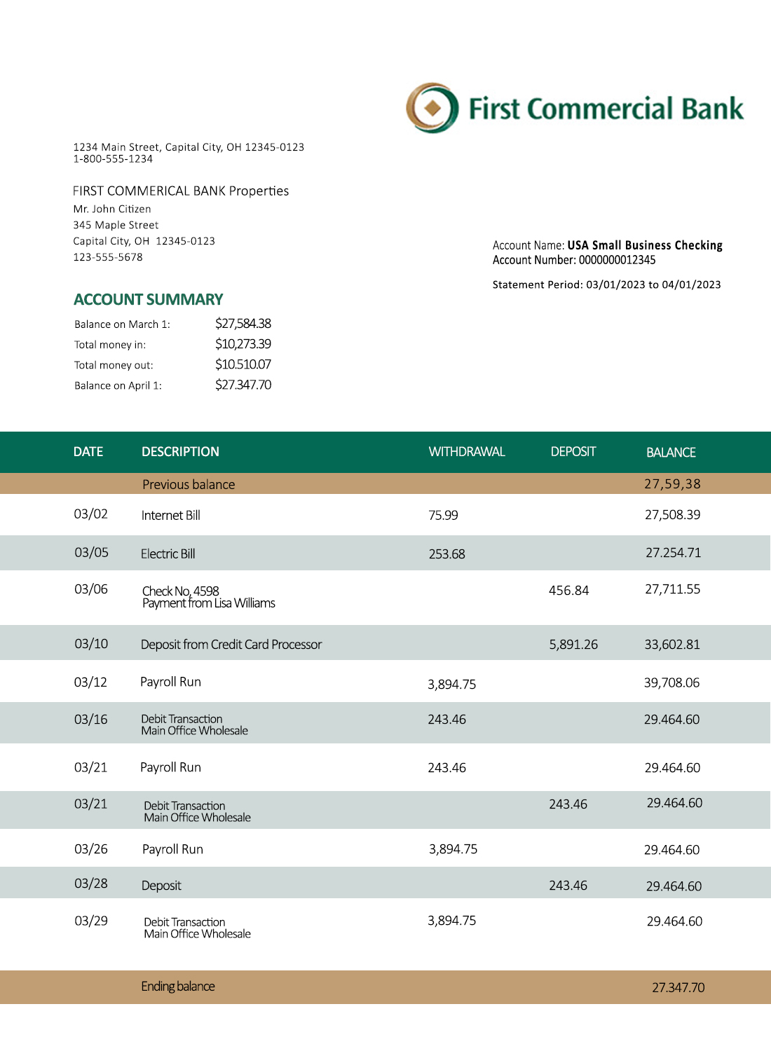 Fake FIRST Commercial Business Bank Statement