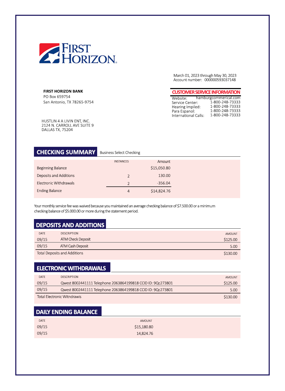 Fake FIRST Horizon Business Bank Statement