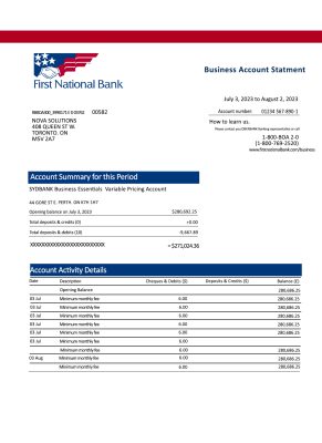 Fake FIRST National Business Bank Statement