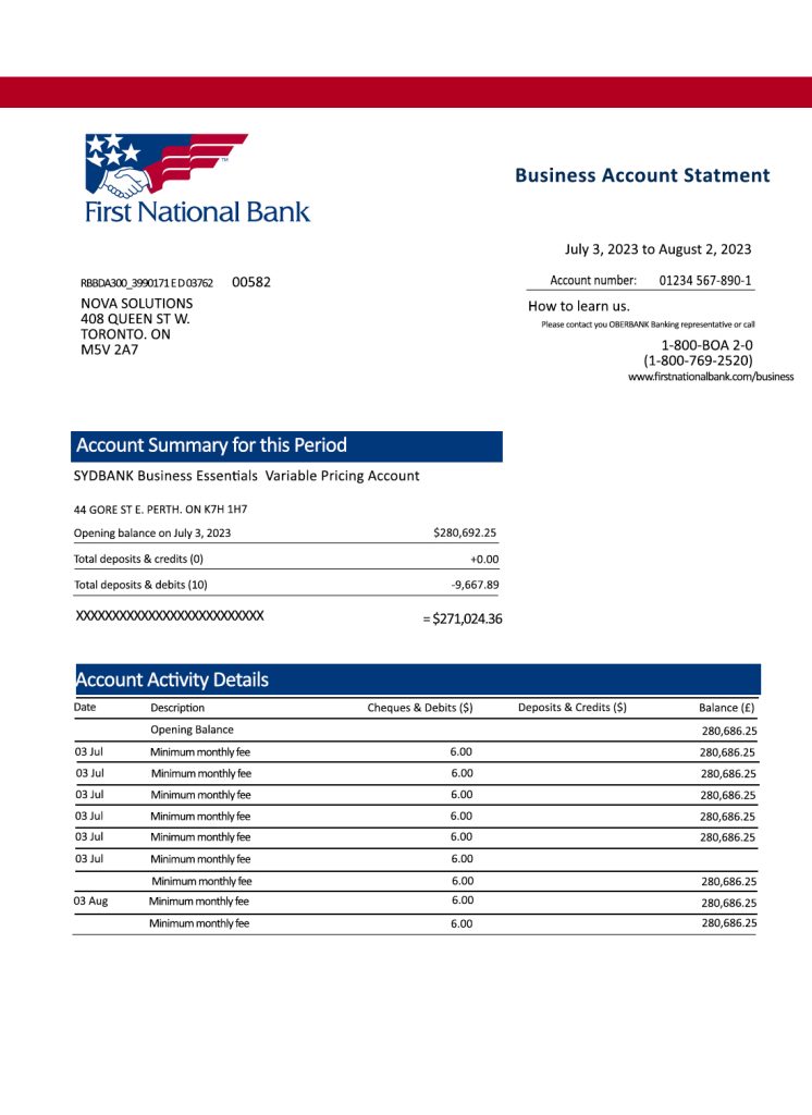 Fake FIRST National Business Bank Statement