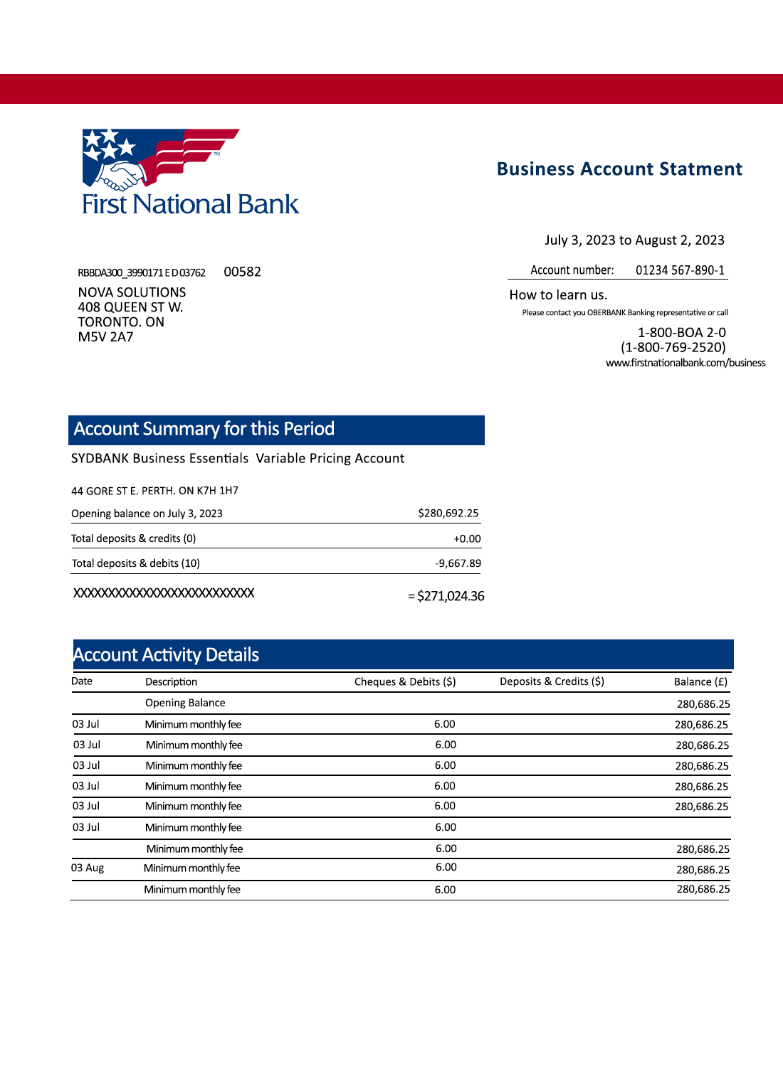 Fake FIRST National Business Bank Statement