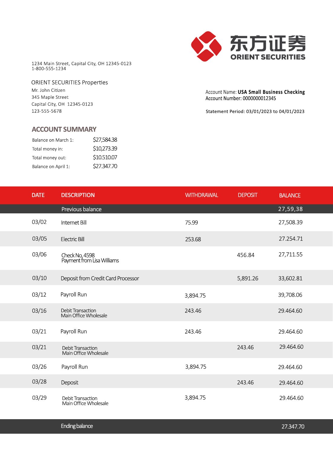 Fake Fake Orient Securities Business Bank Statement
