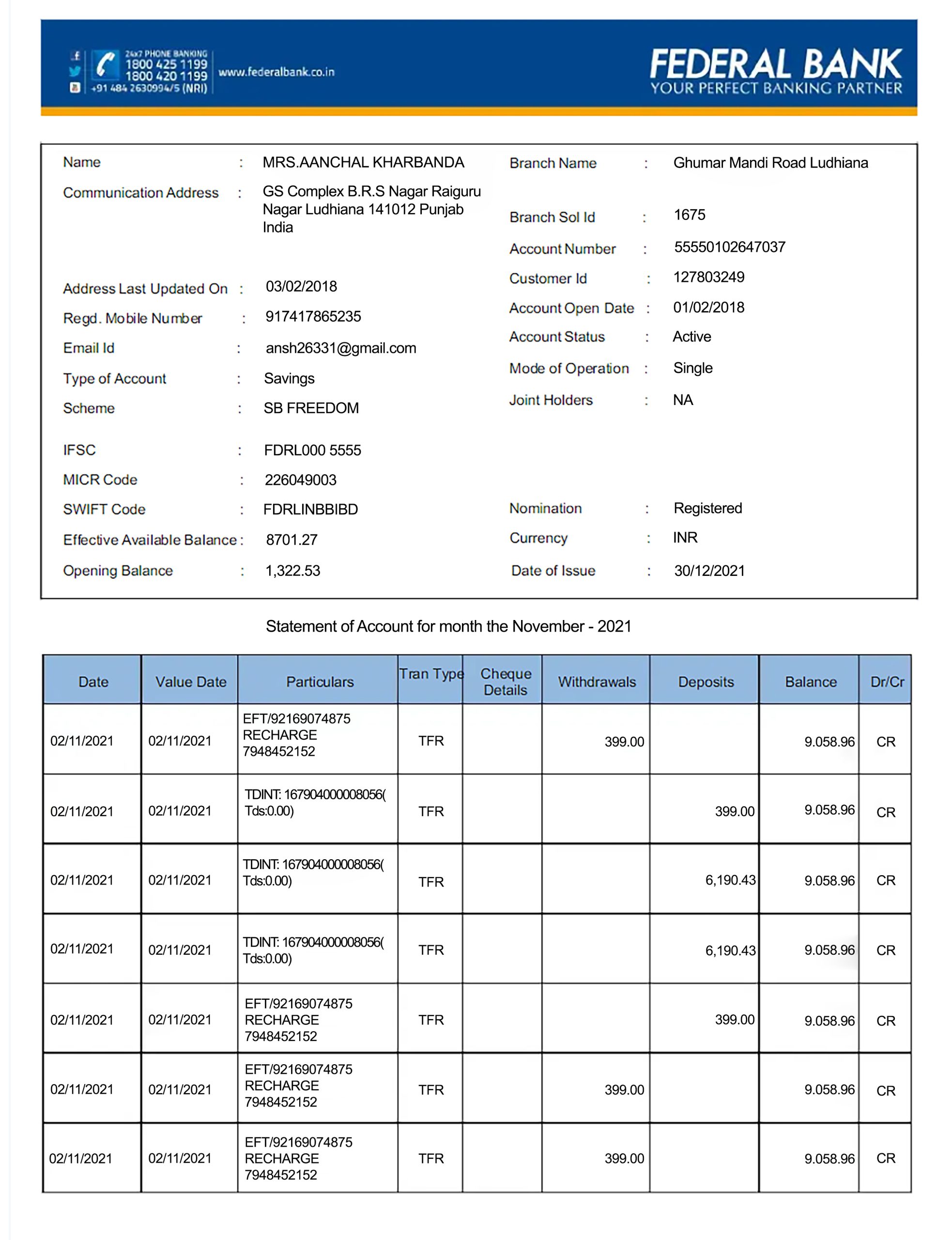 Fake Federal Business Bank Statement