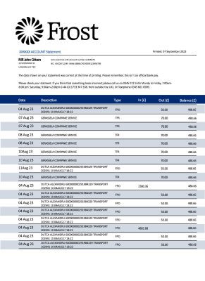 Fake Frost Bankers enterprise Business Statement