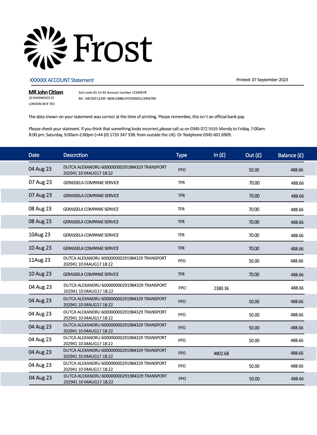 Fake Frost Bankers enterprise Business Statement