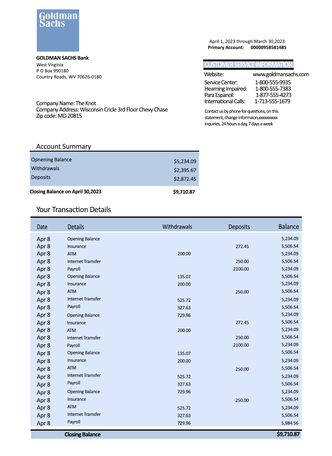 Fake Goldman Sachs Business Bank Statement