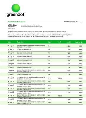 Fake Green Dot Business Bank Statement