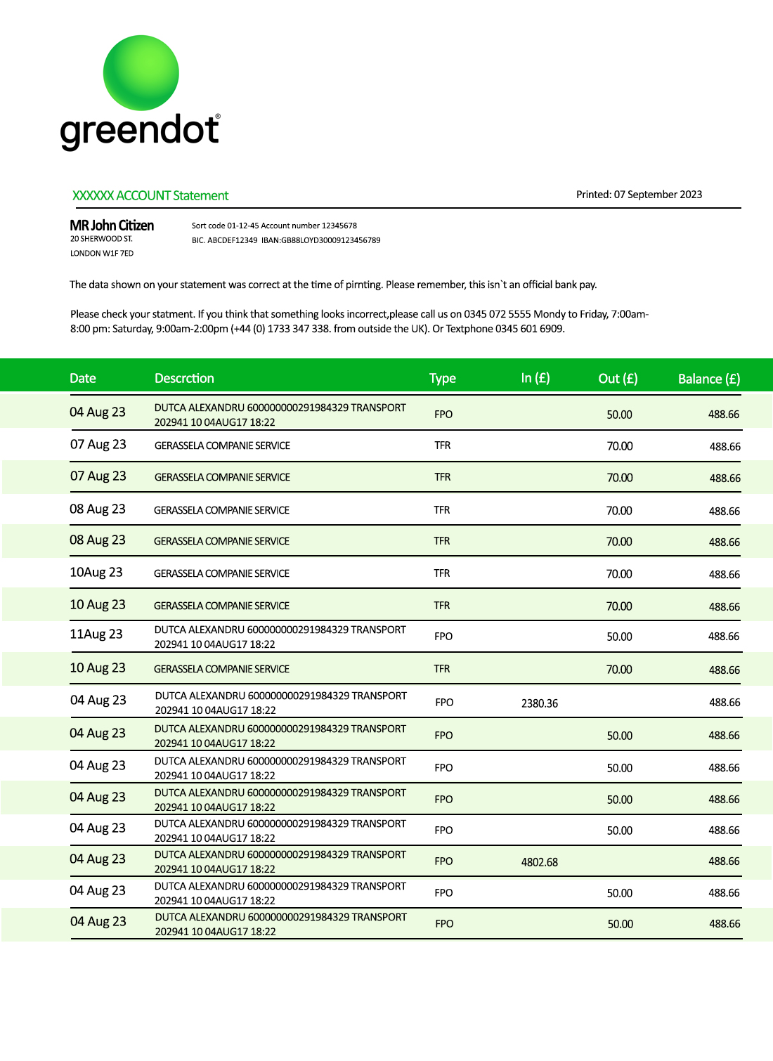 Fake Green Dot Business Bank Statement