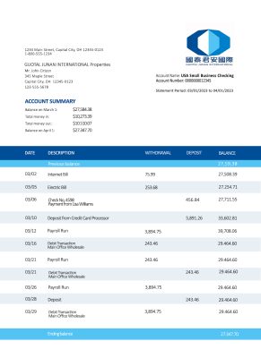Fake Guotai Junan Securities Business Bank Statement