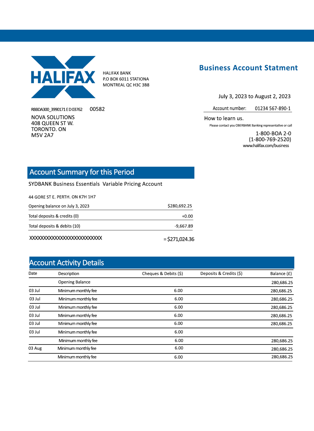 Fake HALIFAX Business Bank Statement